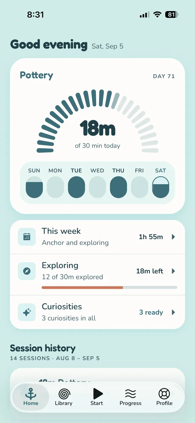 The Home screen: a half-circle dial reading 18 minutes of a 30 minute daily goal for Pottery, above a seven-day strip and rows for the week, exploring and curiosities.