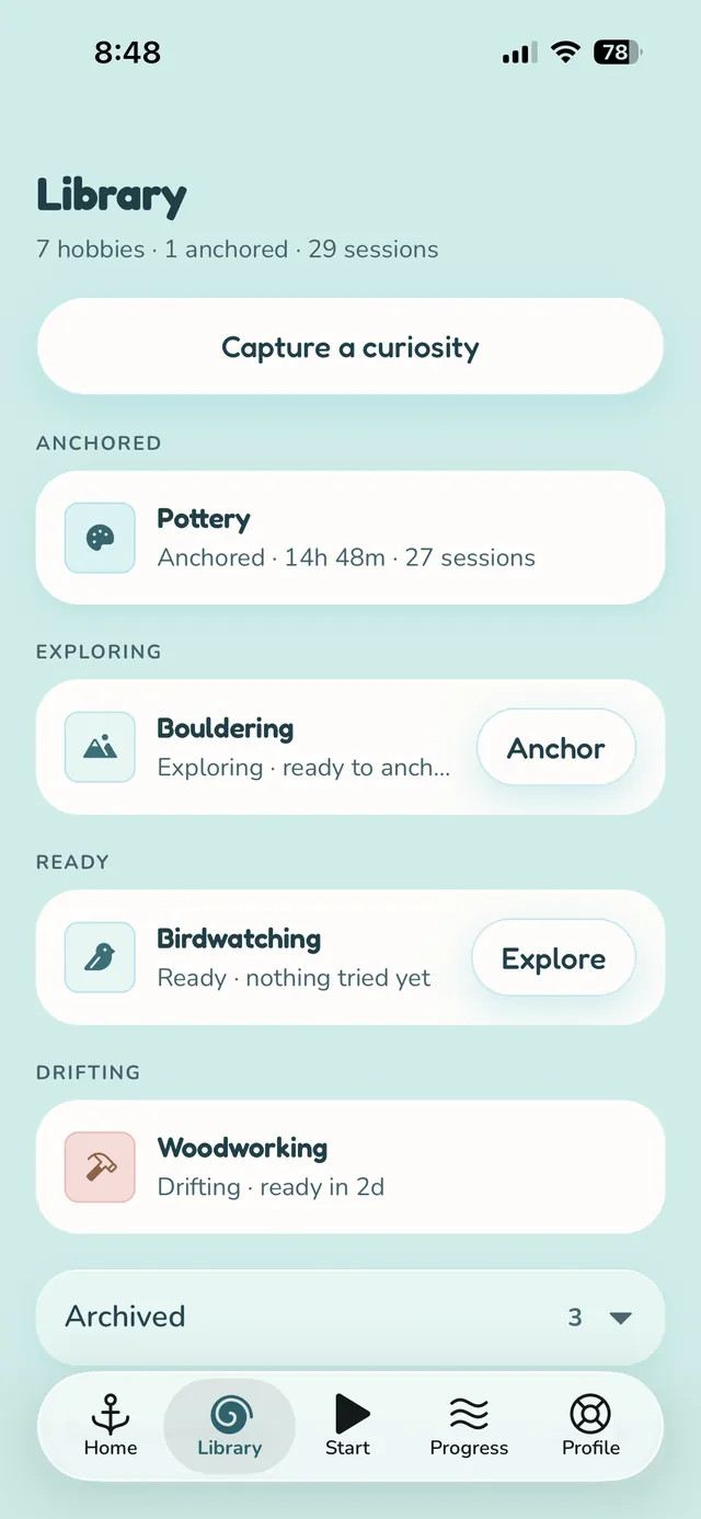 The Library screen: hobbies grouped under Anchored, Exploring, Ready and Drifting, with a captured idea reading "Drifting, ready in 2d".