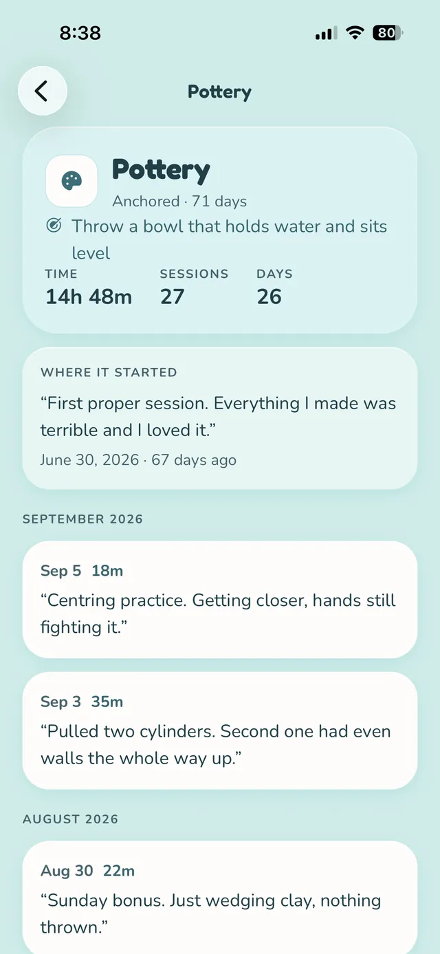 One hobby's history: Pottery, anchored 71 days, 14 hours 48 minutes over 27 sessions, with the first note kept at the top and every later session below it by month.